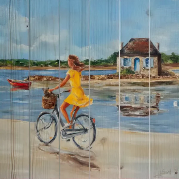 A Bicyclette à Saint Cado Impression Sur Bois 60x60cm